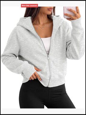 Zip Up Hoodies Cropped Jackets Hooded Lightweight Fleece Lined Slight Stretch
